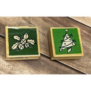 VAP SCRAP WOOD MOUNTED RUBBER STAMP SET CHRISTMAS TREE HOLLY BERRY